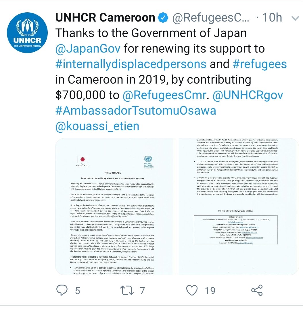 Japan donates $700,000 to IDP and Refugees in UNHCR Cameroon