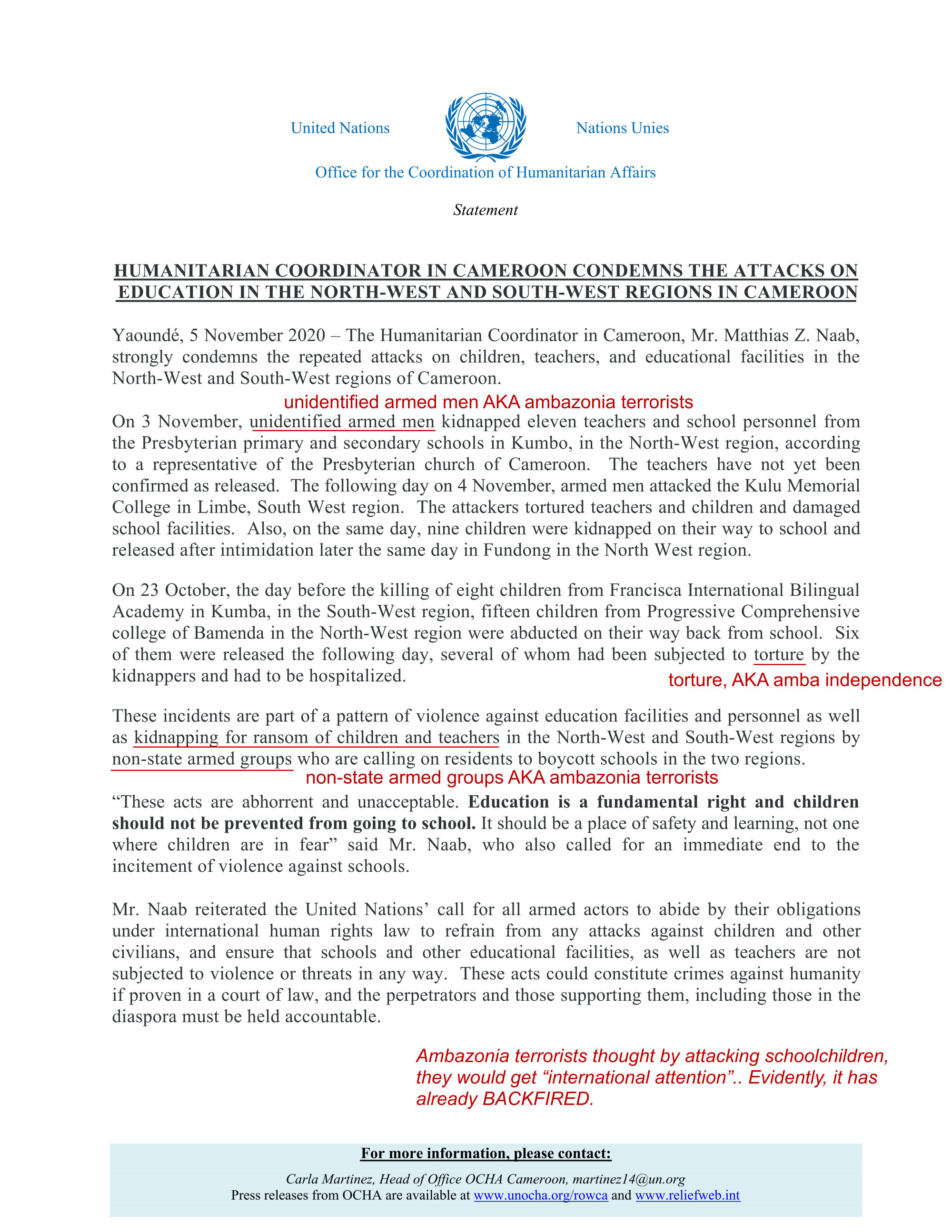 Amba Terrorists attack on schoolchildren- Statement from UN Humanitarian Coordination in Cameroon